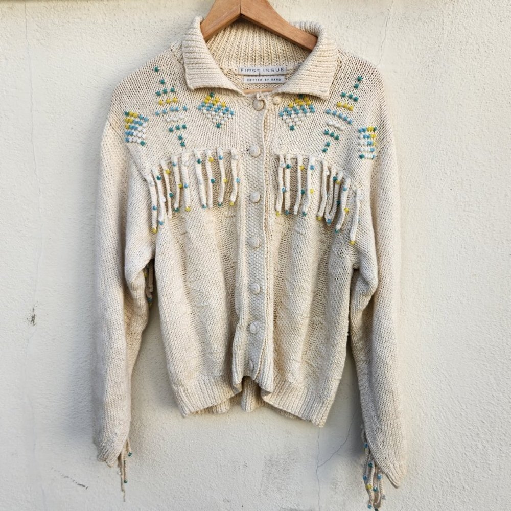 Vintage Hand Knit Fringe Beaded Southwestern Cardigan Sweater - Picture 4 of 8